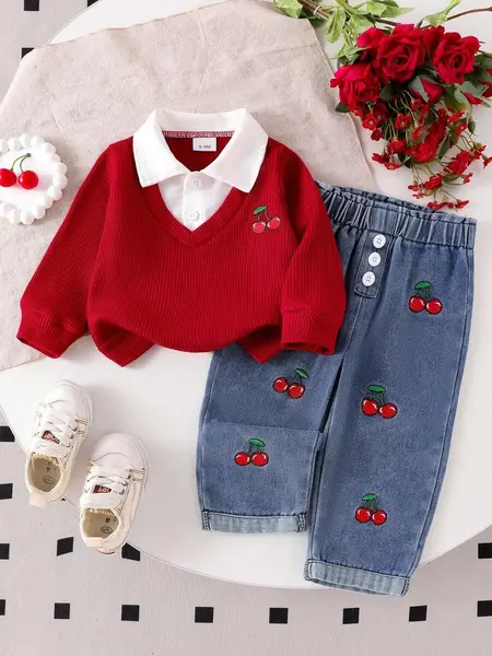 Set la modă pentru bebeluși, broderie cu cireșe - rosu / 6-9luni