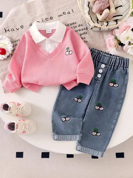 Set la modă pentru bebeluși, broderie cu cireșe - roz / 6-9luni