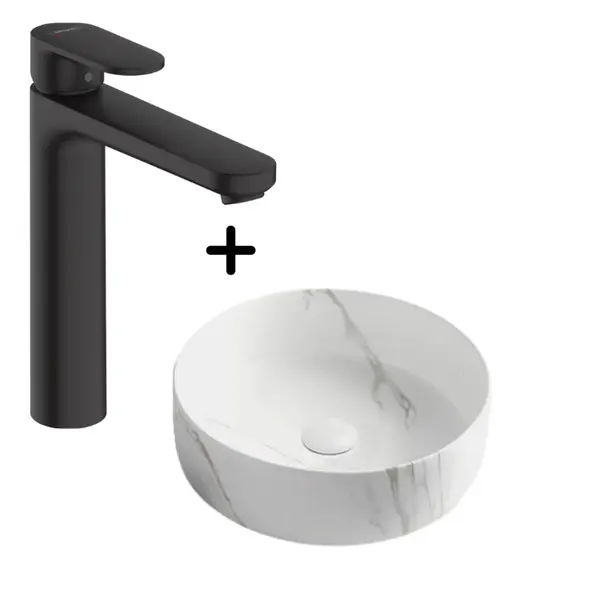 Set lavoar baie rotund alb, plus baterie neagra Hansgrohe Vernis Blend