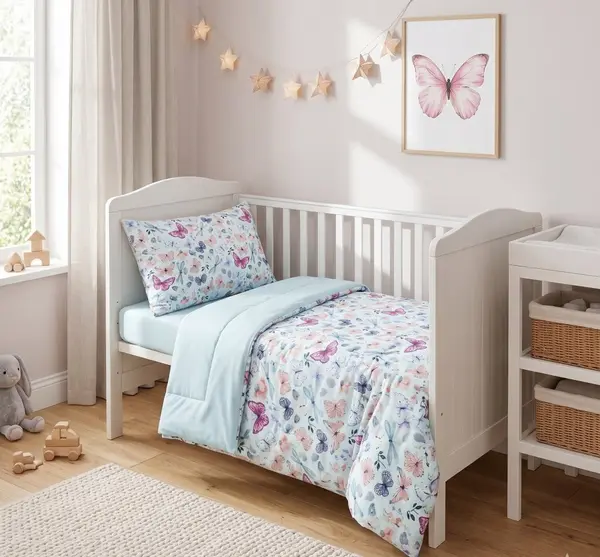 Set lenjerie 2 piese pentru patut copii Kerstin Fluturasi, husa pilota 120x90 si fata perna 40x60 cm, design versatil cu doua fete, tesatura moale, inchidere cu fermoar