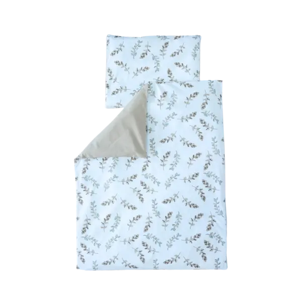 Set lenjerie bumbac organic, patut 120x60, 3 piese alb cu frunze maro TWINDECO