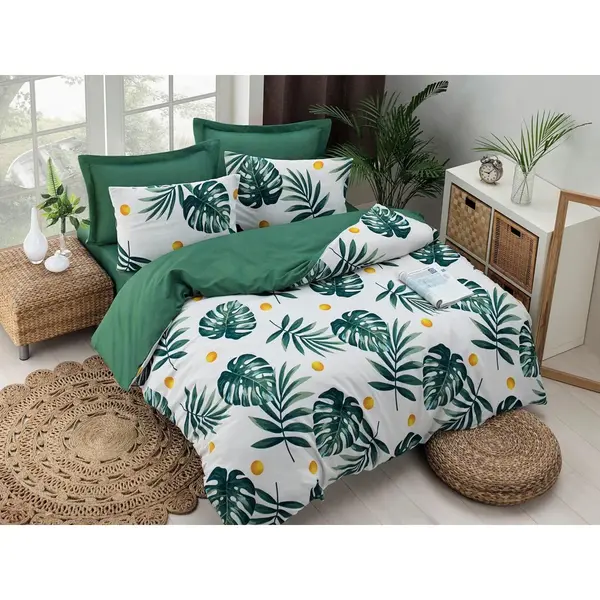 Set Lenjerie de pat double, 65% Bumbac / 35% POLYESTER, Verde, 220x200 cm
