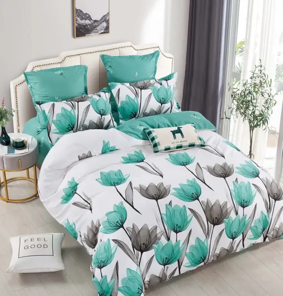 Set Lenjerie de Pat Finet 6 Piese, Bumbac Finet, Fara Elastic , Mint Blossom