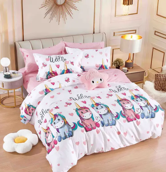 Set Lenjerie de Pat Finet 6 Piese, Bumbac Finet, Fara Elastic , Sweet Unicorn Love