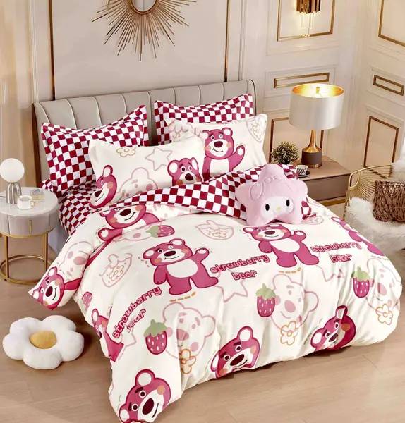 Set Lenjerie de Pat Finet 6 Piese, Bumbac Finet, Fara Elastic , Strawberry Bear