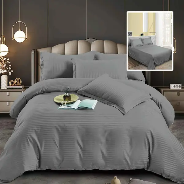 Set lenjerie de pat pentru 2 persoane XXL, Bumbac Damasc Policotton, 4 piese, Cearceaf pat 230x260, Cearceaf pilota 230x200, Fete de perne 50x70 x 2, Gri