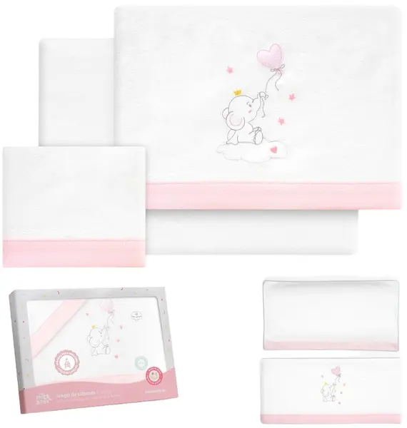 Set lenjerie de pat pentru copii din 3 piese Interbaby - Pui de elefant, roz