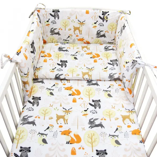 Set lenjerie de patut 3 piese Kerstin Forest Friends cu husa de pilota,fata de perna si aparatoare laterala 180x30 cm,din bumbac,inchidere cu fermoar,compatibila pautut 120x60 cm