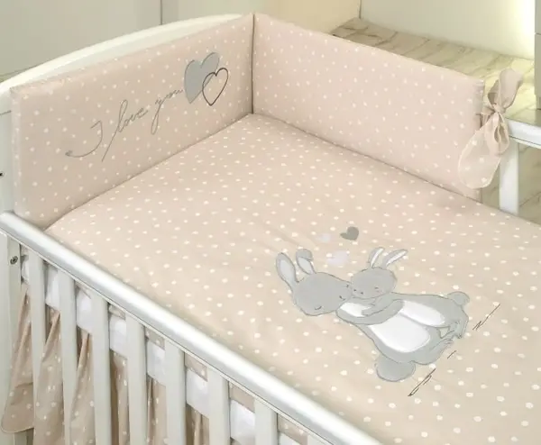 Set lenjerie din bumbac cu protectie laterala pentru pat 140x70cm Iepuras Bej