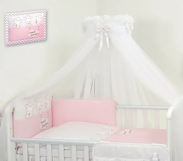 Set lenjerie din bumbac cu protectie laterala pentru pat bebelusi Sweet Dreams Pink 120x60 cm