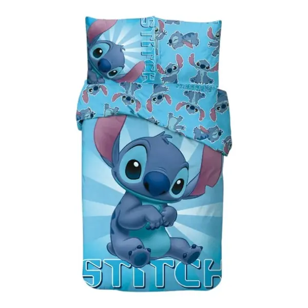 Set lenjerie pat, 100% bumbac, 2 piese, 140x200 cm, 65x65 cm, albastru, Happy, Stitch, Disney Engros