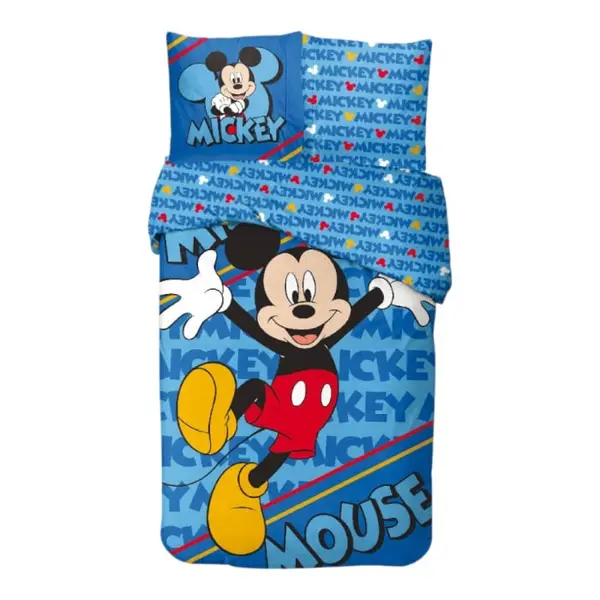 Set lenjerie pat, 100% bumbac, 2 piese, 140x200 cm, 65x65 cm, albastru, Happy, Mickey Mouse Engros