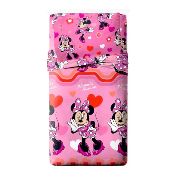 Set lenjerie pat, 3 piese, husa saltea 105x200 cm, cearceaf pat 180x280 cm, fata perna 50x70 cm, multicolor, Minnie Mouse Engros