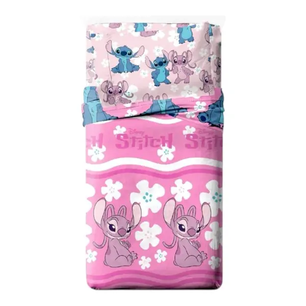 Set lenjerie pat, 3 piese, husa saltea 105x200 cm, cearceaf pat 180x280 cm, fata perna 50x70 cm, roz, Stitch Engros