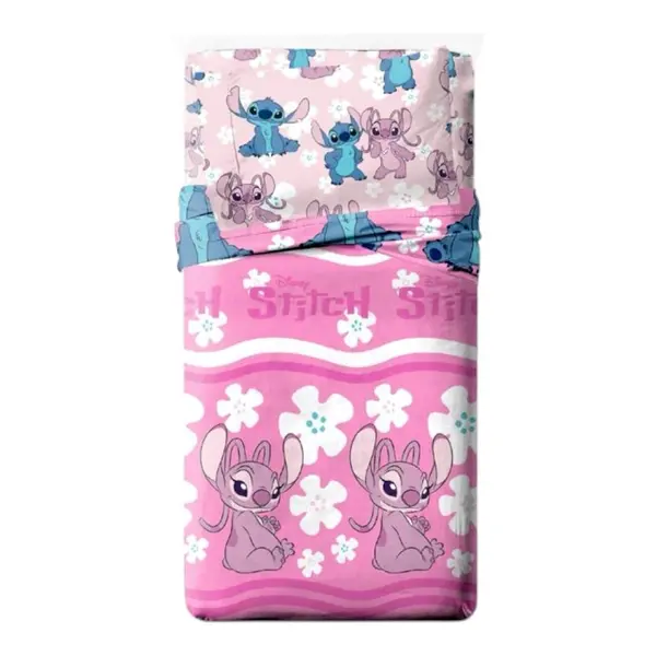 Set lenjerie pat, 4 piese, husa saltea 160x200 cm, cearceaf pat 240x280 cm, 2 fete perna 50x70 cm, roz, Stitch Engros