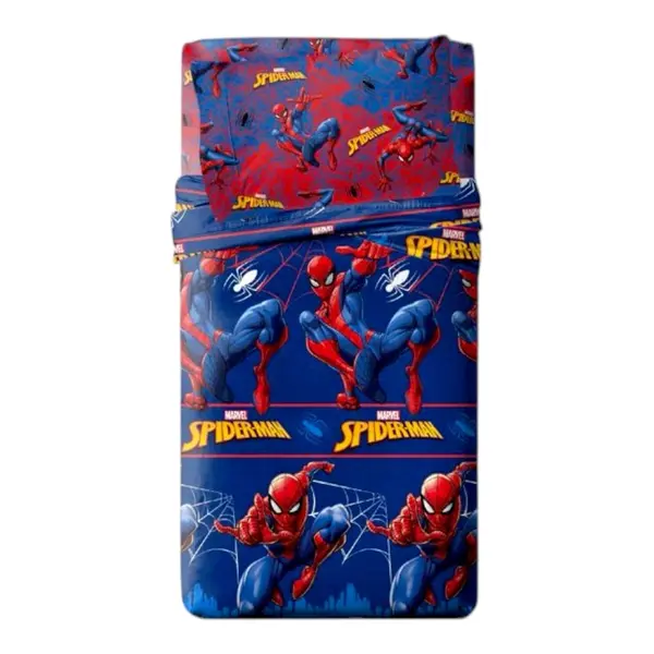 Set lenjerie pat, 4 piese, husa saltea 160x200 cm, cearceaf pat 240x280 cm, 2 fete perna 50x70 cm, multicolor, Spiderman Engros