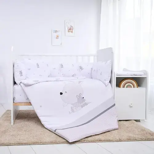 Set lenjerie pat 8 piese Lorelli Trend Little Rabbits Grey, bumbac ranforce, Gri