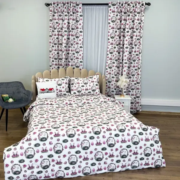 Set Lenjerie Pat Dublu 4 Piese + 2 Draperii 150x235cm din Bumbac Ranforsat – Confort si Eleganta, Fabricat in Romania, Alb, Lila, Iepurasi