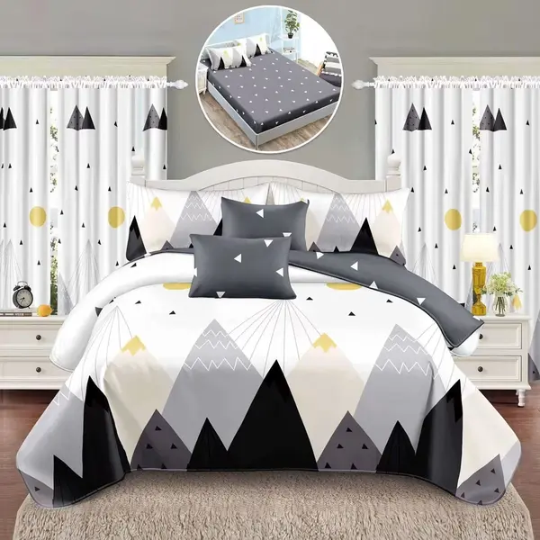 Set Lenjerie pat dublu cu Elastic (160x200cm, 180x200cm) + 2 draperii, finet, 8 piese, Alb, Gri, munti