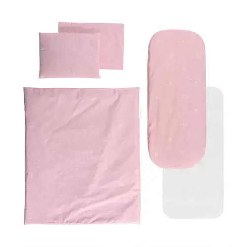 Set lenjerie pentru carucior Lorelli Little Bear Pink, cu protectie impermeabila, 7 piese