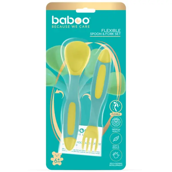 Set lingurita si furculita flexibile Baboo Galben Verde 6 luni+