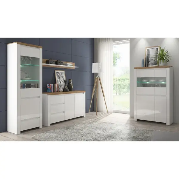 Set Living VIGO, 4 piese, 2 vitrine, comoda, raft suspendar, alb + stejar wotan
