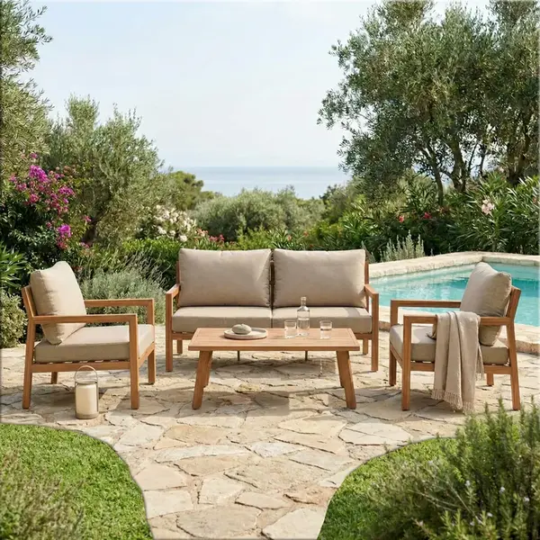 Set lounge de gradina Andasio pakoworld, 4 piese, aluminiu si sfoara in nuanta naturala - perne in nuanta de gri Set lounge de grădină Andasio pakoworld, 4 piese, aluminiu și sfoară în nuanță naturală - perne în nuanță de gri