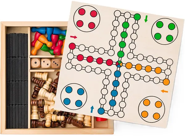Set magnetic de jocuri 4 în 1 - Șah, Dame, Domino, Nu te supăra frate și 6 zaruri