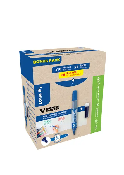 Set markere tablă Pilot V-Board Master Begreen 10 markere + 10 rezerve vârf 2.3 mm Set markere tablă Pilot V-Board Master Begreen 10 markere + 10 rezerve vârf 2.3 mm albastru