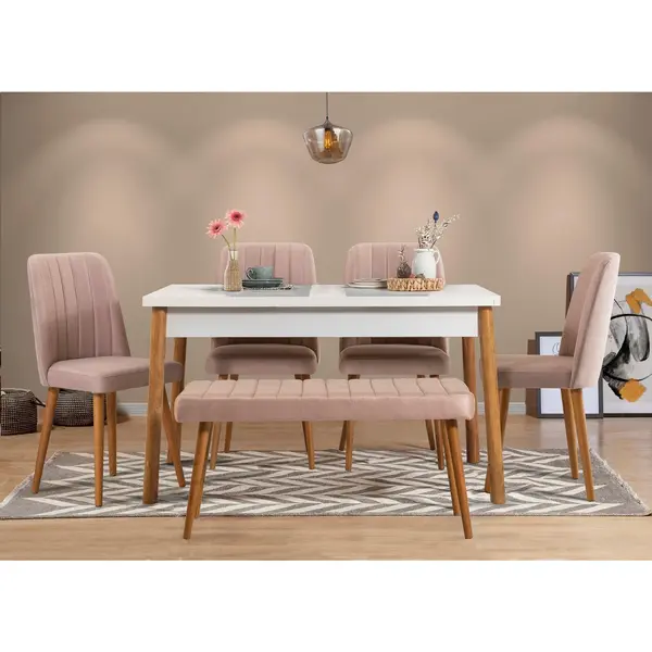 Set Masa Bucatarie și scaune (6 bucăți) Puren, Alb - Alb / Stejar, 120x75x75 cm