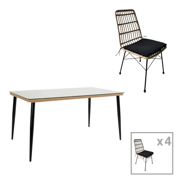Set masa de bucatarie Naoki cu 5 scaune, ratan pe nuanta naturala si metal negru, 160x90x78cm Set masă Naoki U pentru 5 persoane, ratan Pakoworld în nuanță naturală și metal negru, 160x90x78 cm.