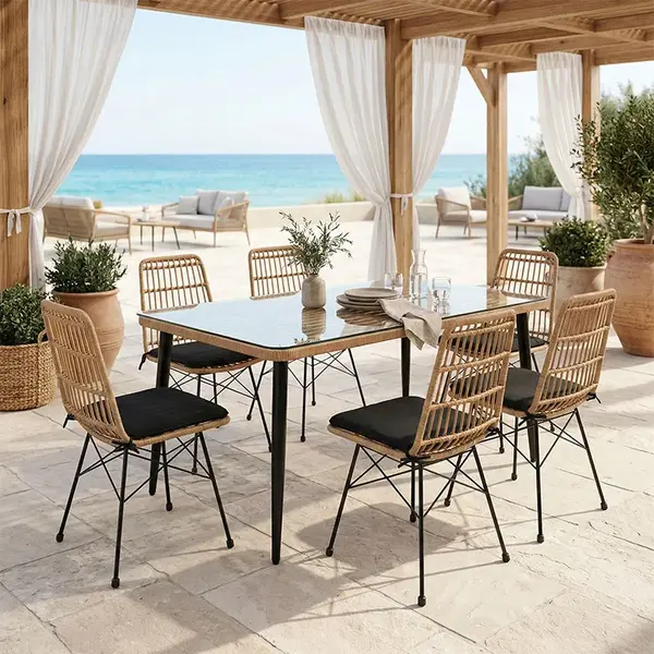 Set masa de bucatarie Naoki cu 7 piese, ratan pe culoare naturala si metal negru, 160x90x78cm Set masă Naoki U pentru 7 persoane, Pakoworld, ratan în nuanță naturală și metal negru, 160x90x78 cm.