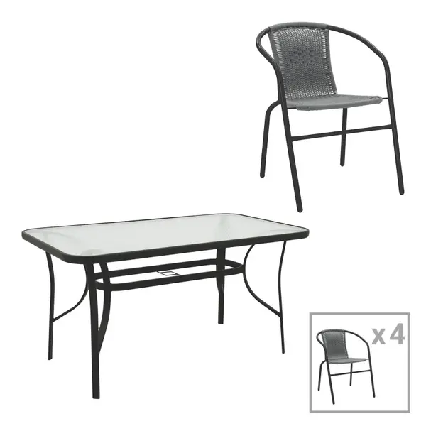 Set masă de dining cu 5 piese Obbi-Ensure, Metal și sticlă, Negru, 140x80x70 cm