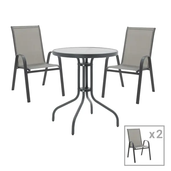 Set Masa de sufragerie Calan-Watson 3 metal Gri si sticla calita, D60x70 cm