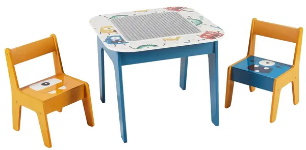 Set masă din lemn pentru copii cu 2 scaune Ginger Home – Monster, compatibil cu blocuri de construcție