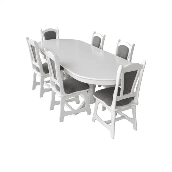 Set masa extensibila EUROPA ovala cu 6 scaune IZA stofa gri, lemn masiv, alb, 160 240x90x70 cm