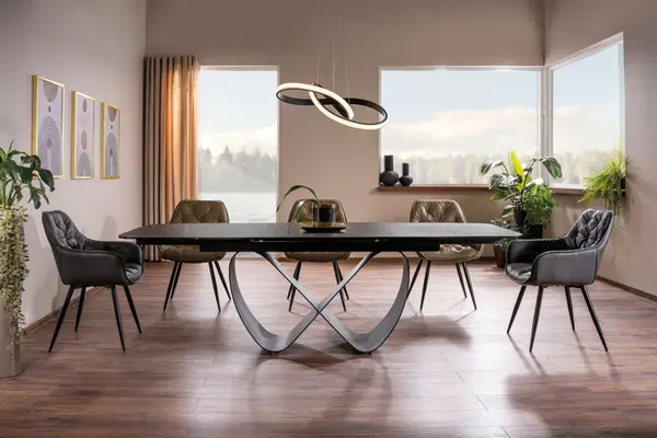 Set masa extensibila Infinity Ceramic negru/negru mat - L160-240 cm + 3 scaune Cherry piele olive + 2 scaune Cherry piele gri