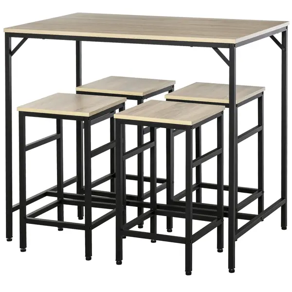 Set Masă Înaltă cu 4 Scaune HOMCOM în Stil Industrial, Metal și Lemn, Stejar Deschis, Perfect pentru Dining | Aosom România
