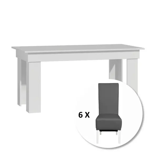 Set masa MONTILLA dreptunghiulara cu 6 scaune VANESSA, alb + piele ecologica gri, 160x80x75 cm