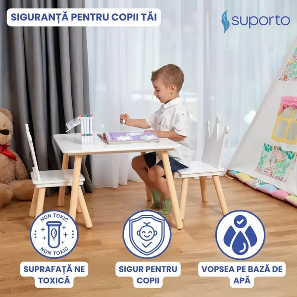 Set masa si 2 scaune pentru copii Suporto Print si Printesa Alb, din lemn MDF, scaun in forma de coronita, varsta 3-6 ani, cu margini rotunjite