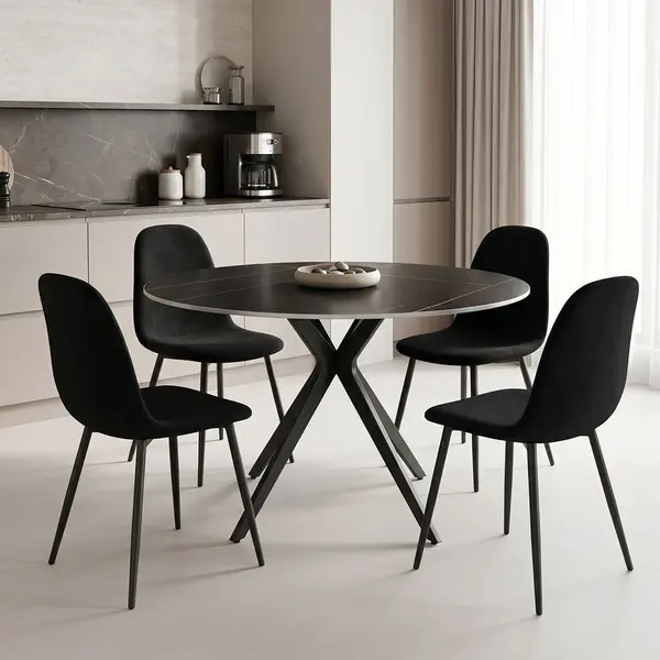 Set masa si scaune dining, 5 buc, Bella Orbital, Pako, Negru 120x120x76 cm
