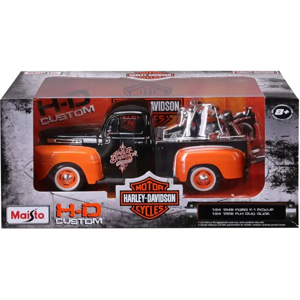 Set masina si motocicleta, Maisto, H-D Custom, 1948 Ford F1 Pick Up si 1958 FLH Duo Glide, 1:24