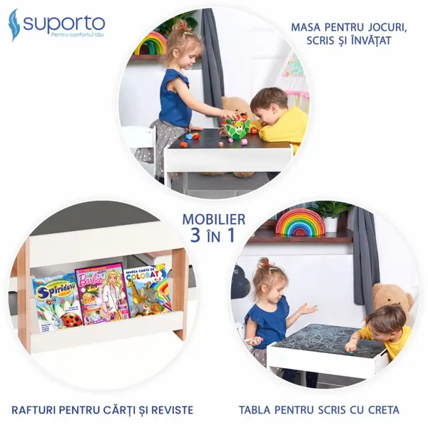 Set masuta cu 2 scaune pentru copii Suporto Alb Maro 3-6 ani, cu rafturi pentru carti, sertare depozitare, organizator jucarii, tabla de scris, desenat, studiat, din MDF