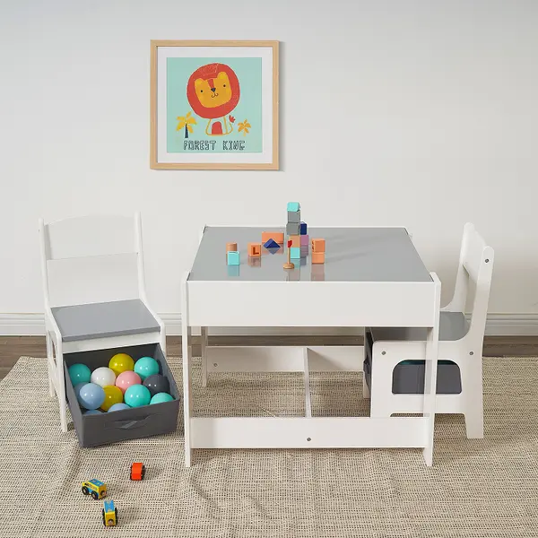Set masuta cu 2 scaunele din lemn cu spatiu de depozitare si tabla Ginger Home AlbGri
