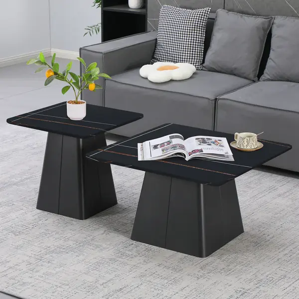 Set Mese de Cafea Pătrate cu Funcție de Economisire Spațiu, Metal și Piatră Sintetizată, Marmură Neagră, Optimizate, 80x80x43 cm