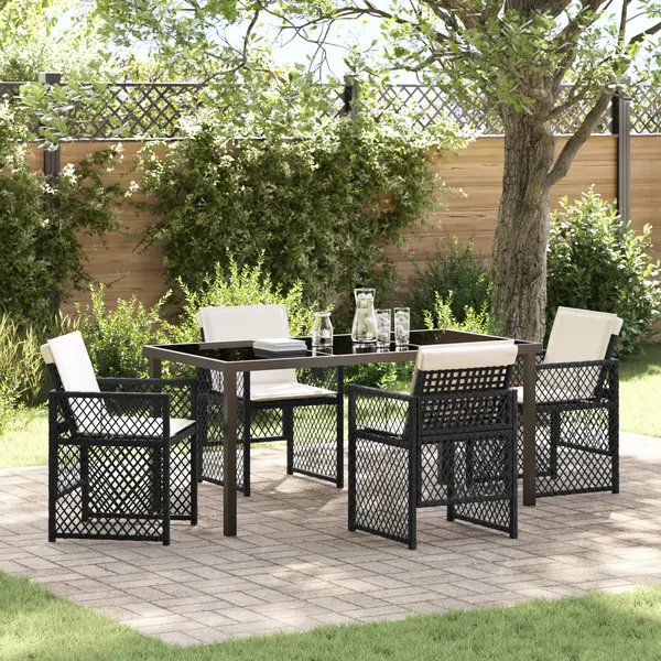 Set mese gradina Gossi 5 piese cu perne negru poly rattan, masa gradina Gossi neagra 160x80x73 cm sticla temperata