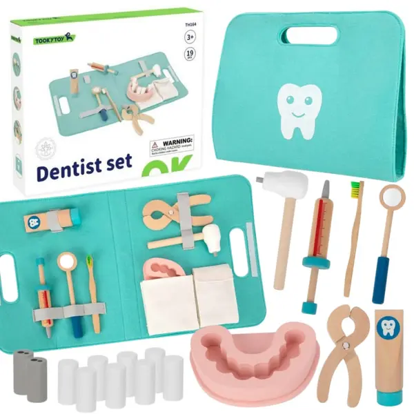 Set micul dentist Tooky Toy, trusa medicala din lemn 19 piese KID372271, la doar 69,00 lei