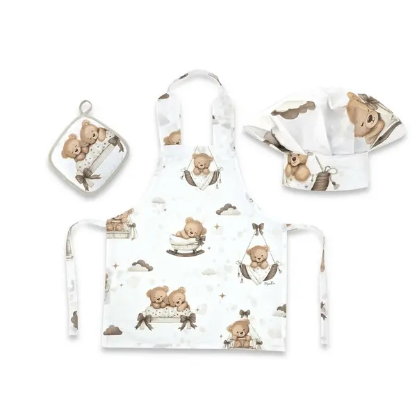 Set Micutul bucatar, MimiNu, Cu sort, o boneta si accesoriu pentru vase calde, Din bumbac certificat Oeko Tex Standard 100, Tedy bear dreams beige