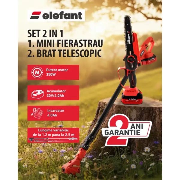 Set Mini Drujba 8" si Extensie Prelungire 2,5 m pe Acumulator cu 1 Acumulator 4Ah si Incarcator Elefant ESBS8EP2.5