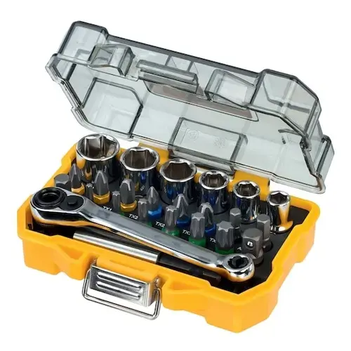 Set mixt 24 chei tubulare si biti surubelnita DeWALT DT71516, clichet si biti surubelnita, dimensiuni populare de chei tubulare, biti colorati pentru identificare rapida, cutie extra mica, clema pentru curea pentru accesibilitate usoara